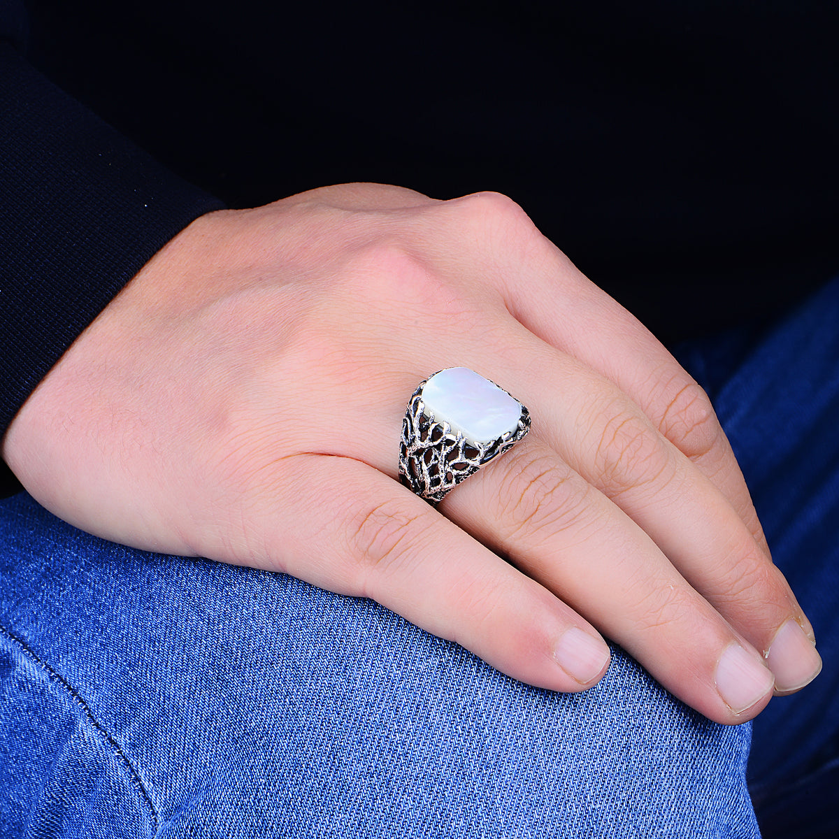 Anillo de plata con árbol de la vida para hombre de nácar