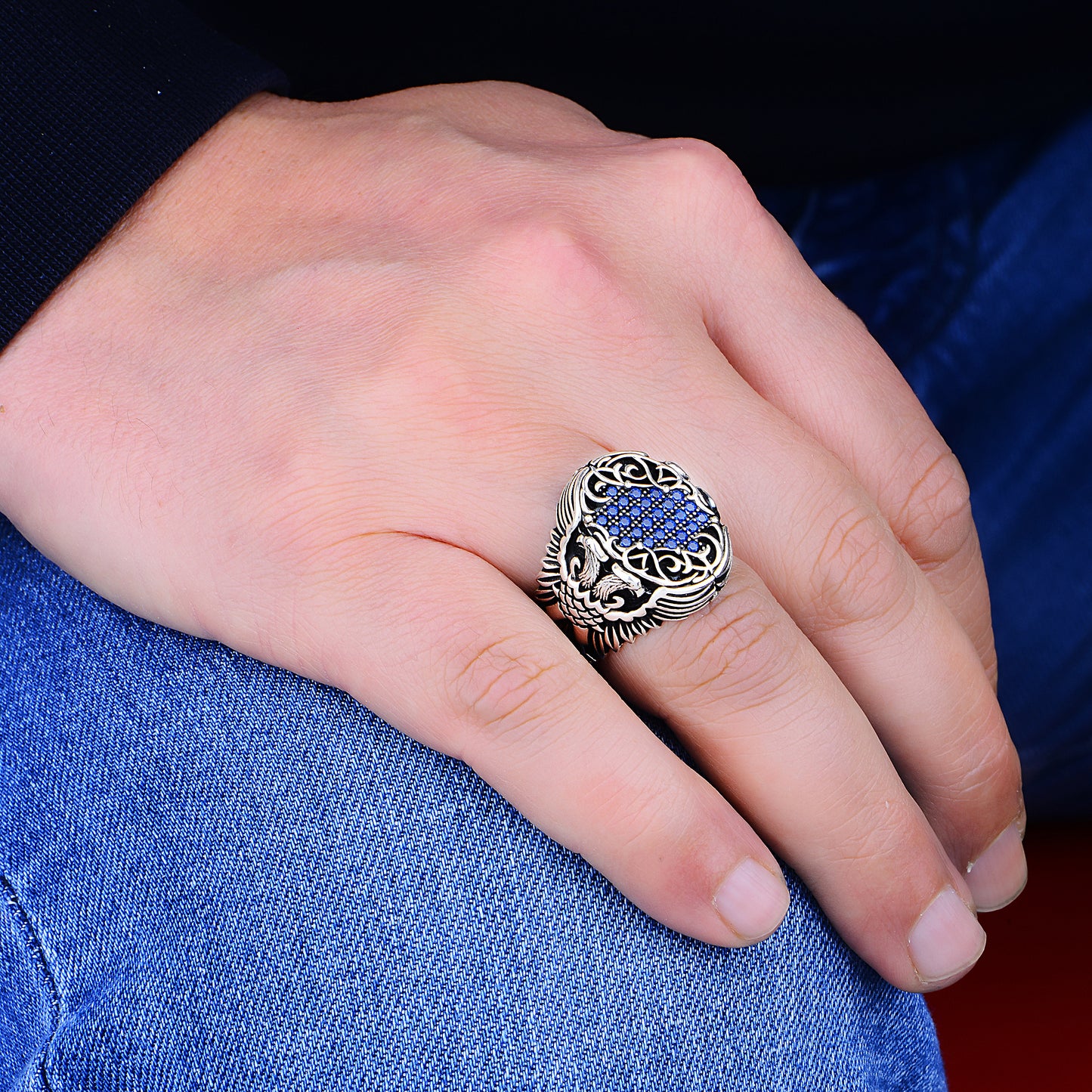 Men Blue Sapphire Stone Double Eagle Model Ring