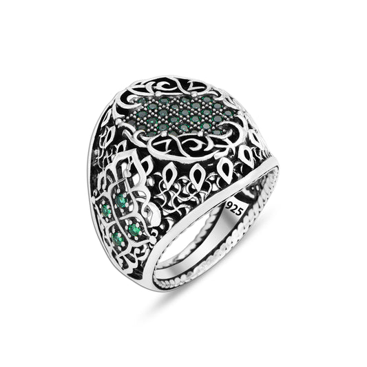 Man Emerald Stone Handmade Engraved Ottoman Style Ring  Cubic Zirconia Stones Ring