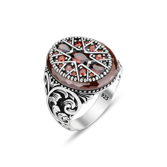 Sterling Silver Ruby Stone Ring Engraved Silver Ring