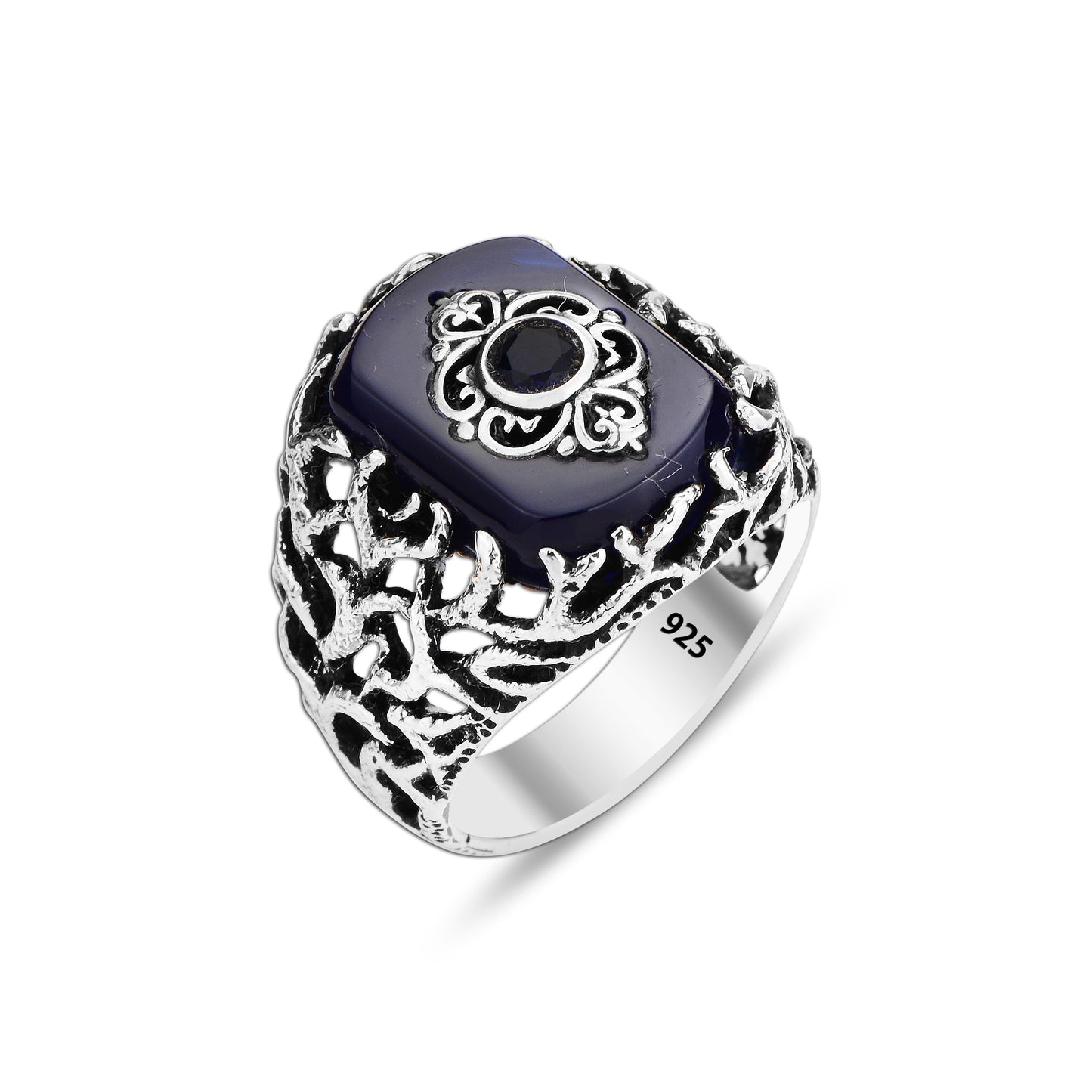 Men Blue Stone Tree Of Life Silver Tree Root Ring