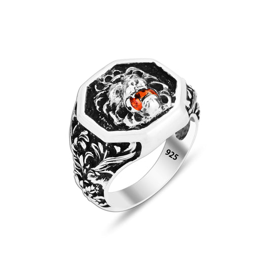 Silver Ruby Stone Wild Lion Signet Ring