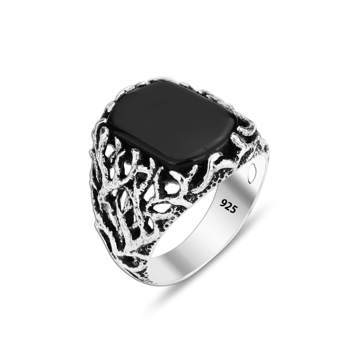 Anillo de plata con piedras preciosas de ónix y árbol de la vida