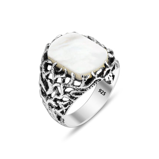 Mother Of Pearl Men Tree Of Life Silver Ring