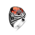 Anillo Hombre Plata Ovalado Piedra Granate Rojo