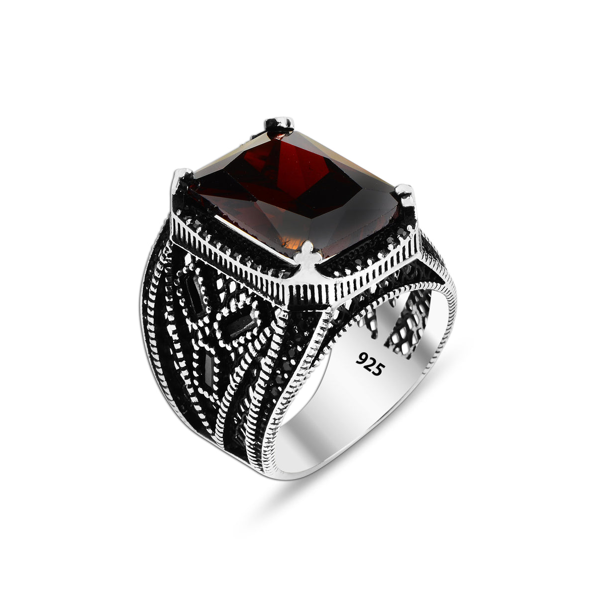 Anillo Hombre Plata Piedra Granate Rojo