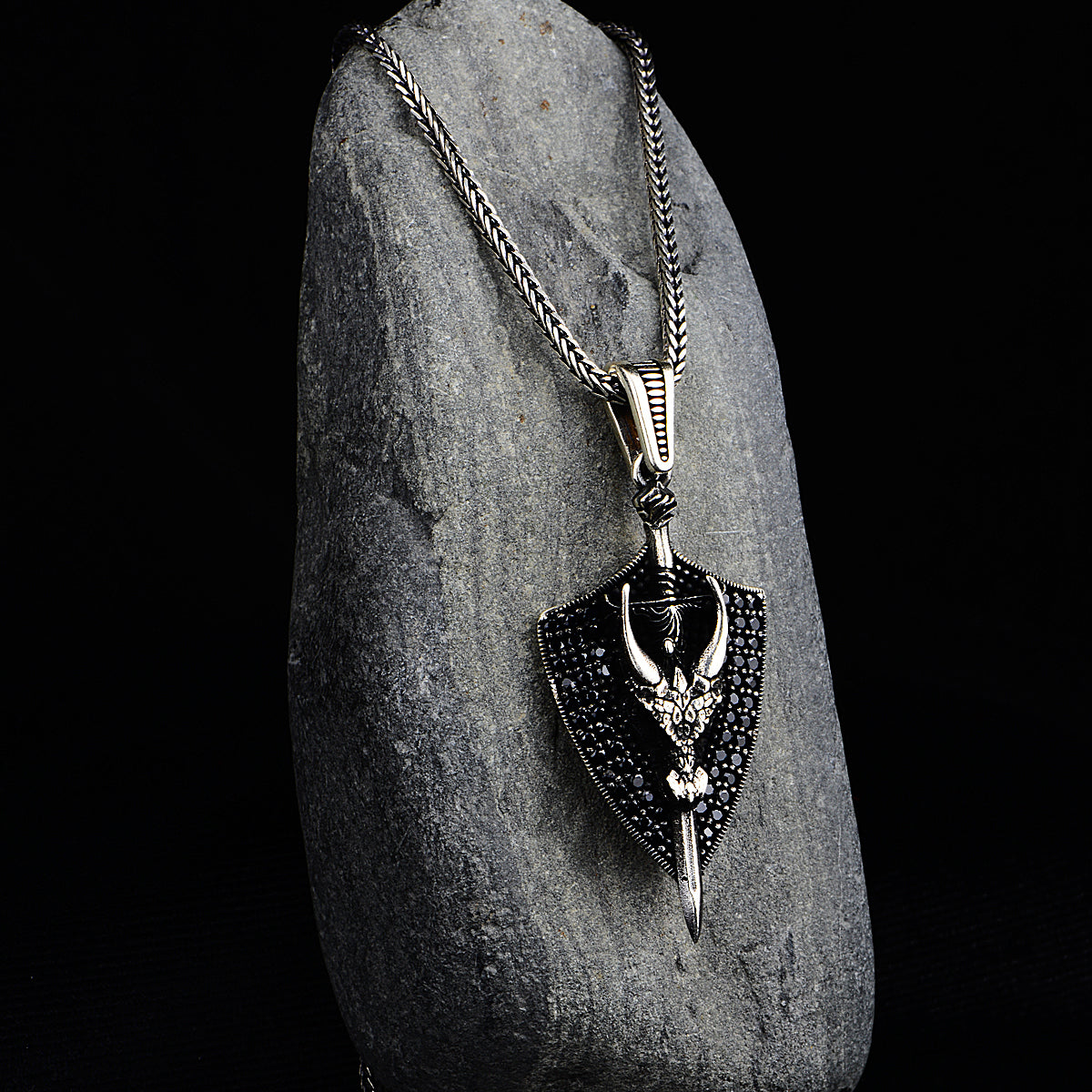 Silver Bull Head Micro Black Stone Necklace