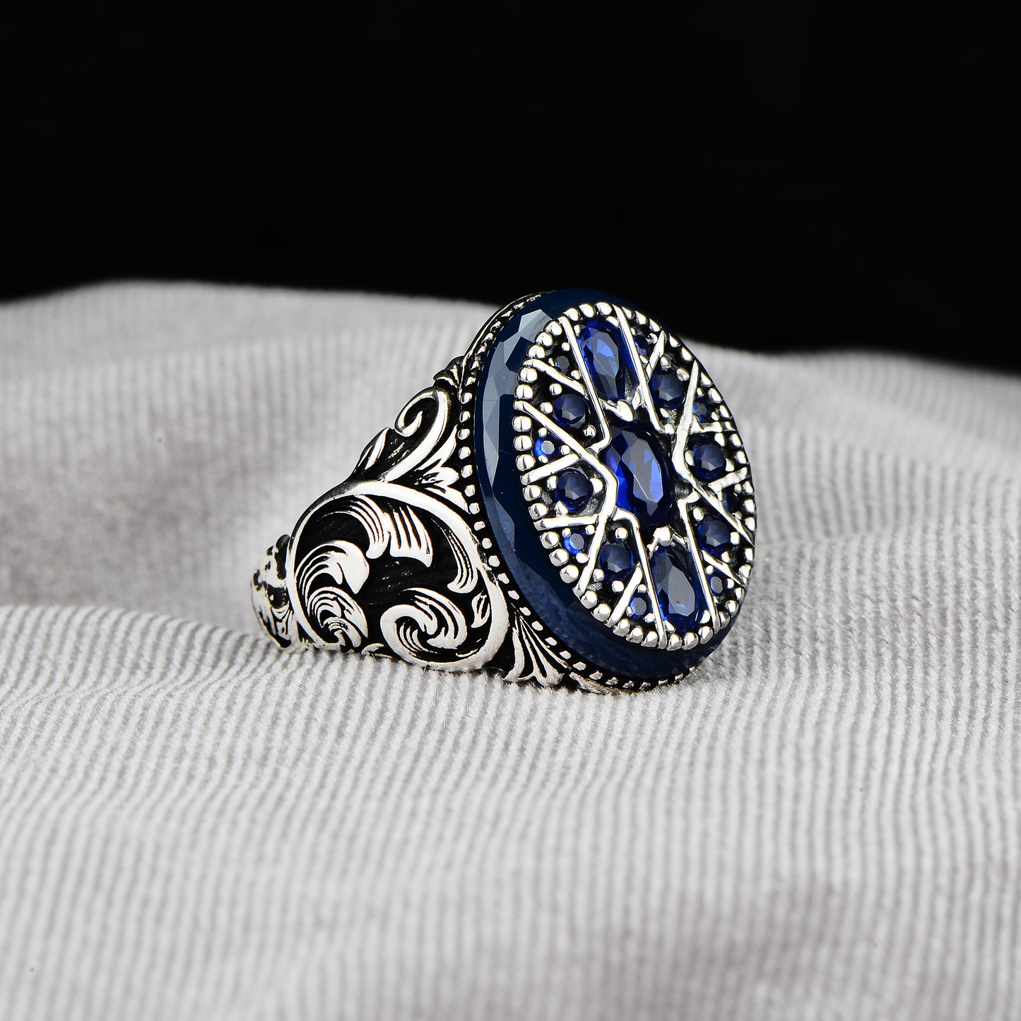 Mens 925k Sterling Silver Blue Sapphire Stone Men Ring