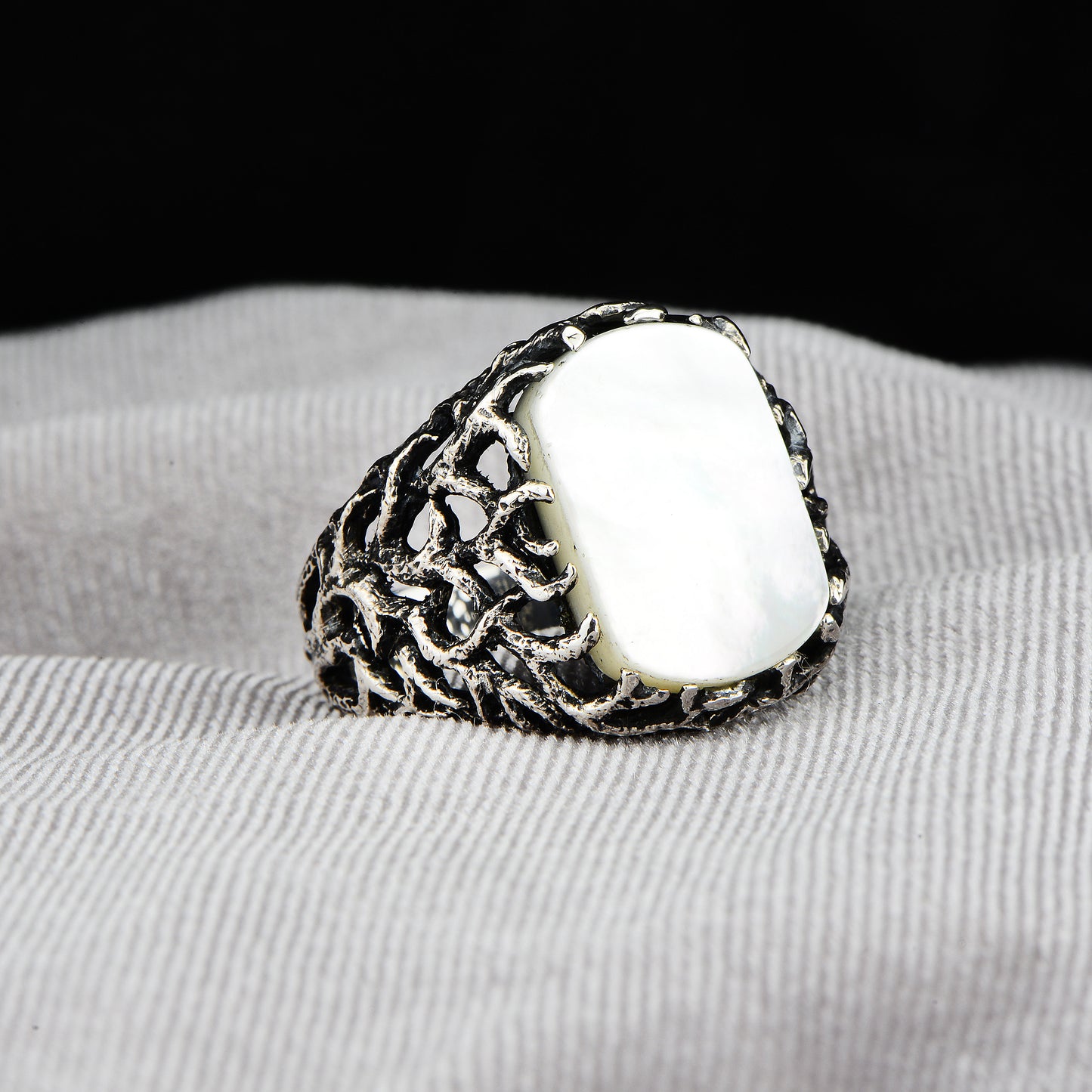 Mother Of Pearl Men Tree Of Life Silver Ring