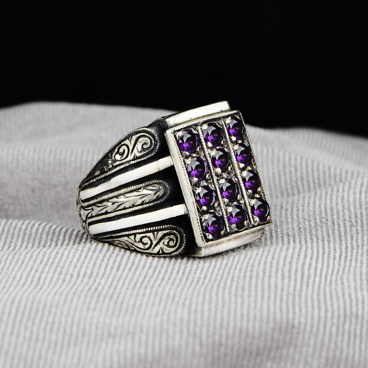 Mens Handmade Engraved Amethyst Ring