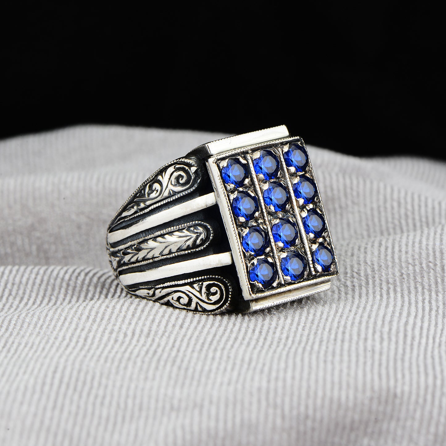 Silver Hand-Engraved Zircon Sapphire Man Ring