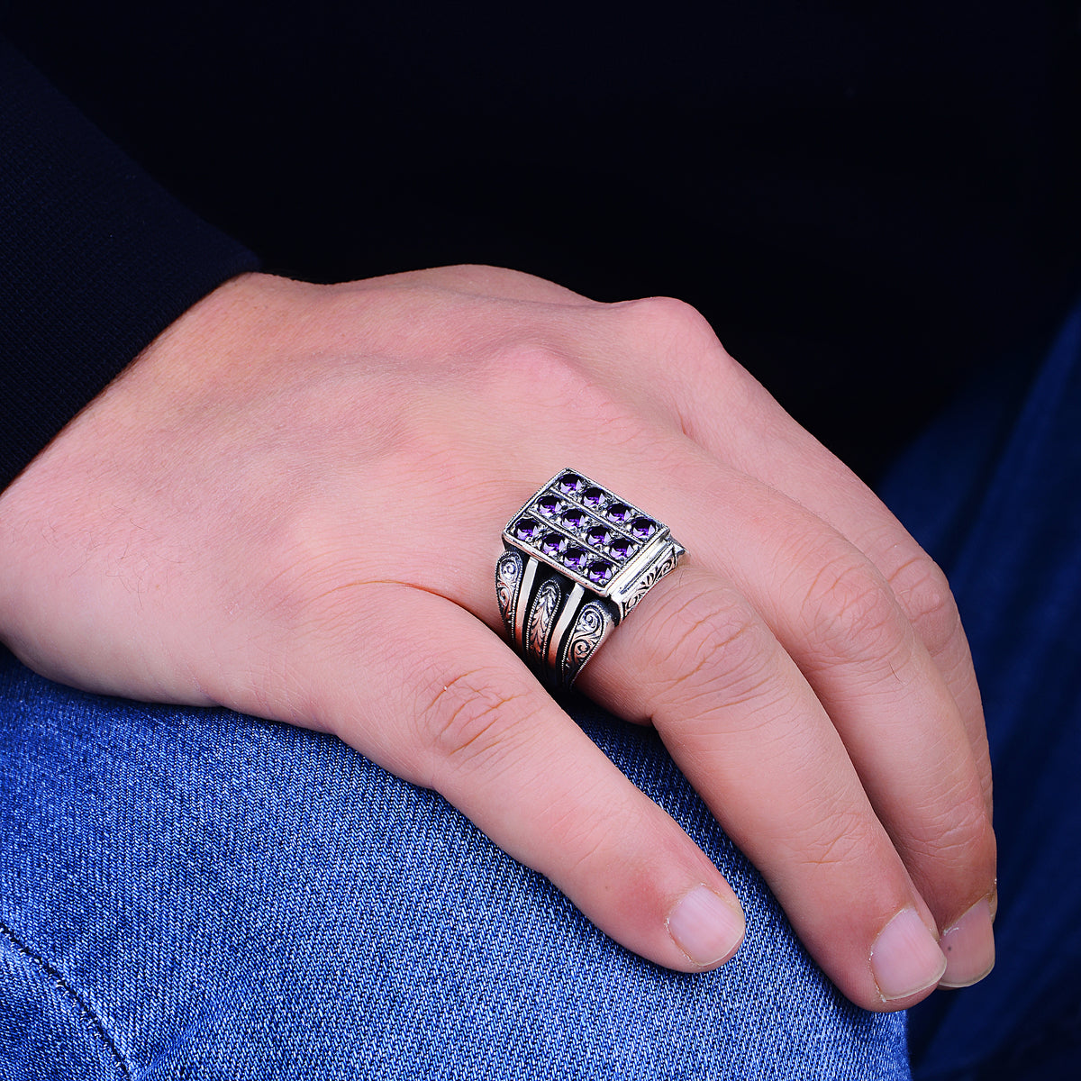 Mens Handmade Engraved Amethyst Ring