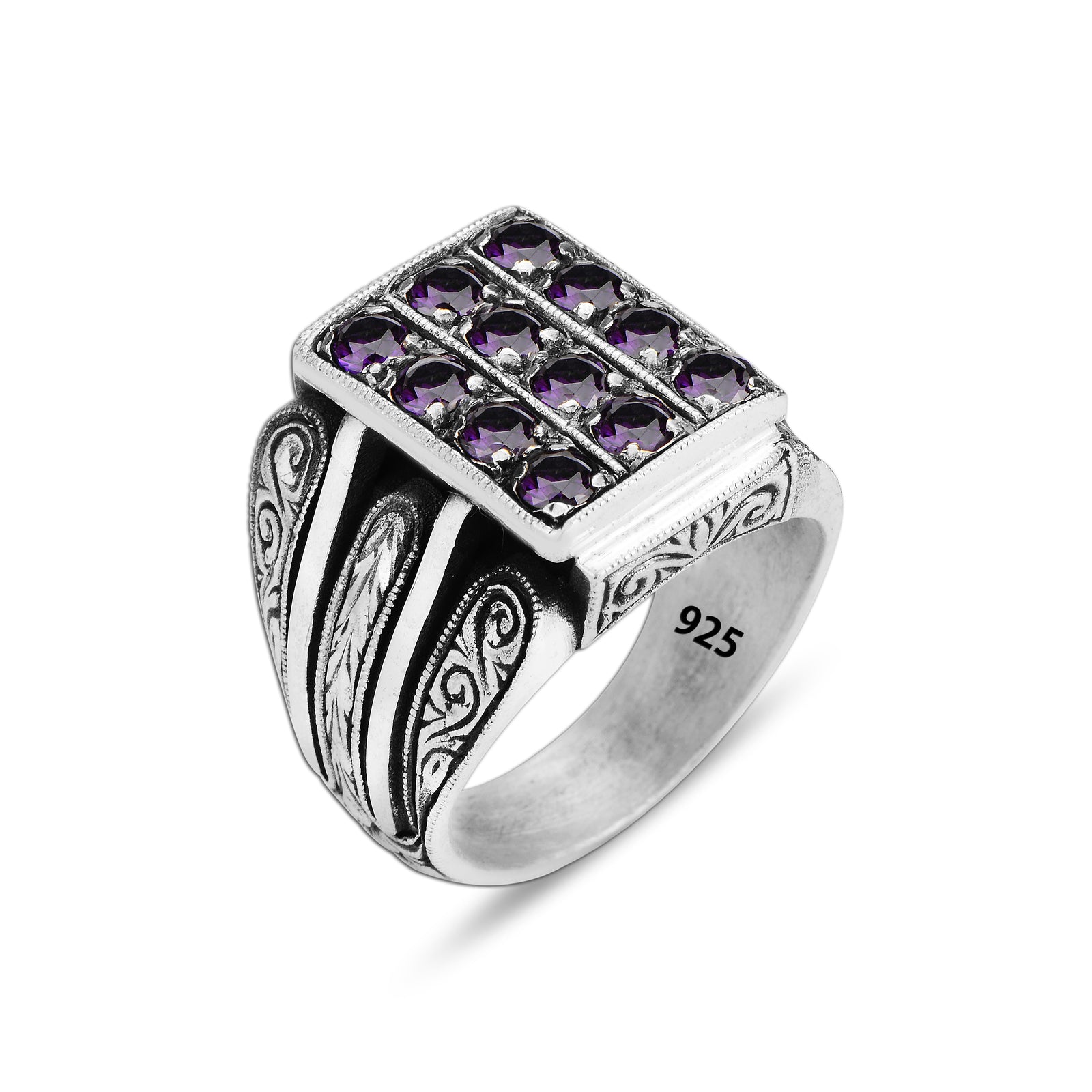 Mens Handmade Engraved Amethyst Ring