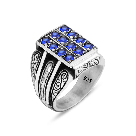 Silver Hand-Engraved Zircon Sapphire Man Ring