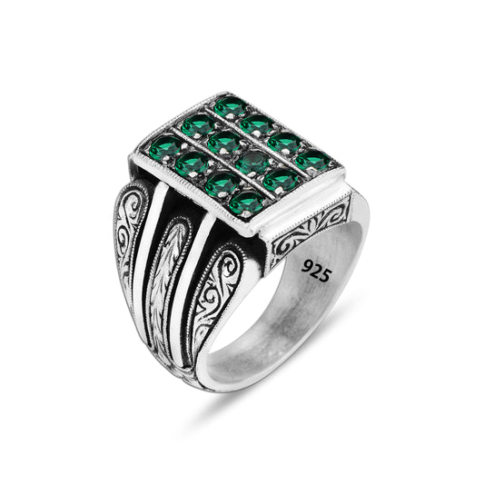 Men Emerald Hand-Engraved Micro Stone Ring