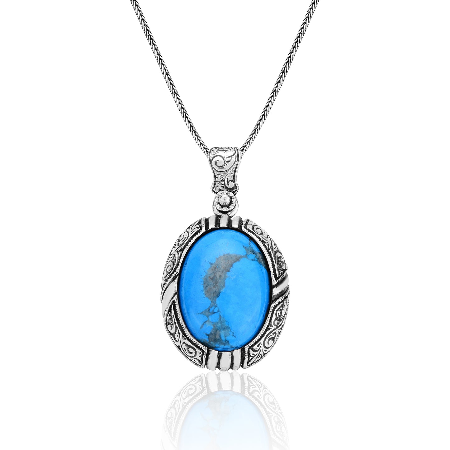 Silver Handmade Engraved Natural Turquoise Gemstone Necklace