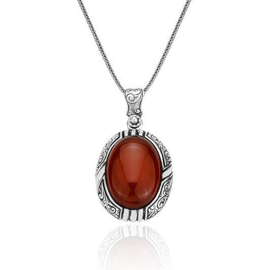 Silver Red Carnelian Agate Engraved Necklace