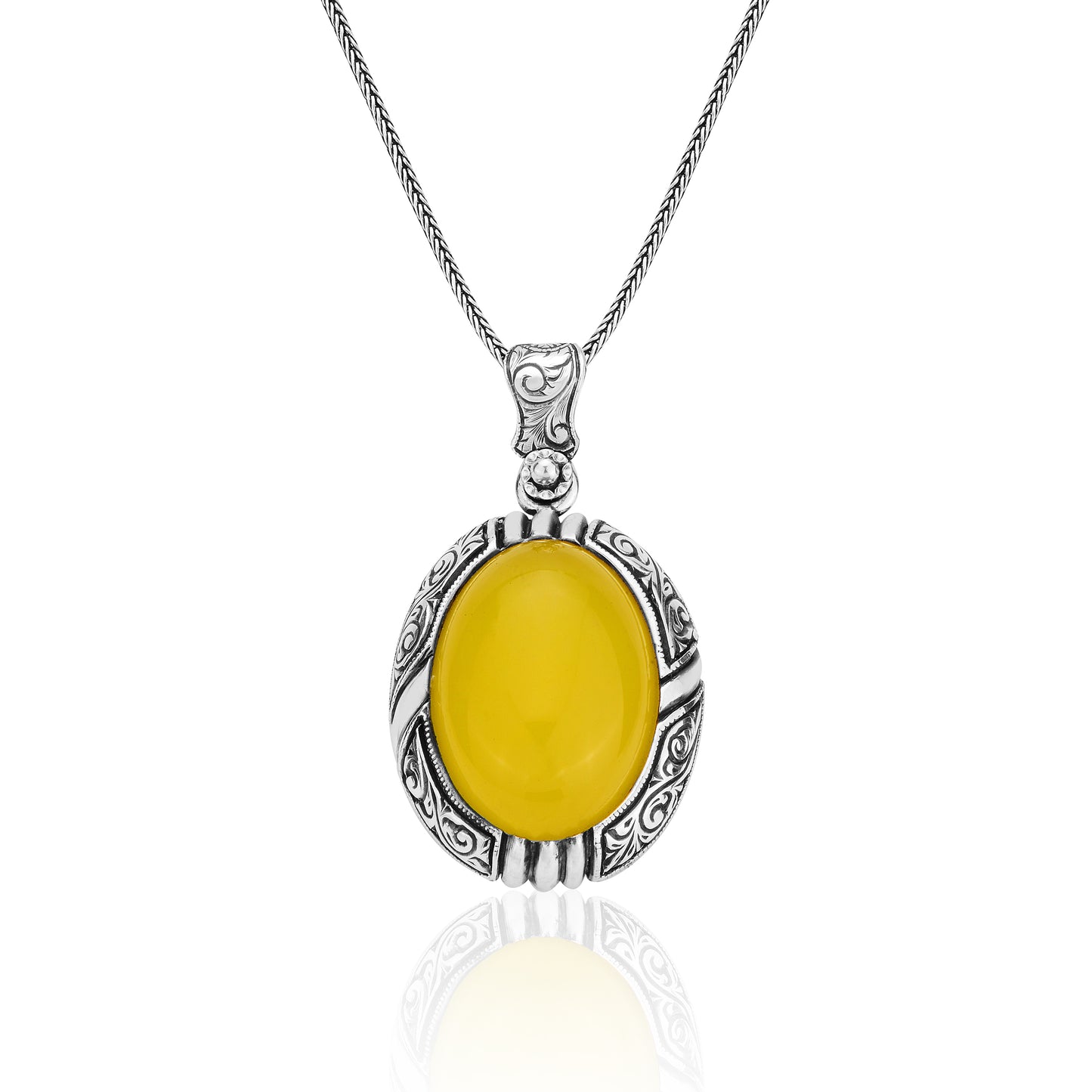 Men Silver Handmade Engraved Yellow Agate Necklace