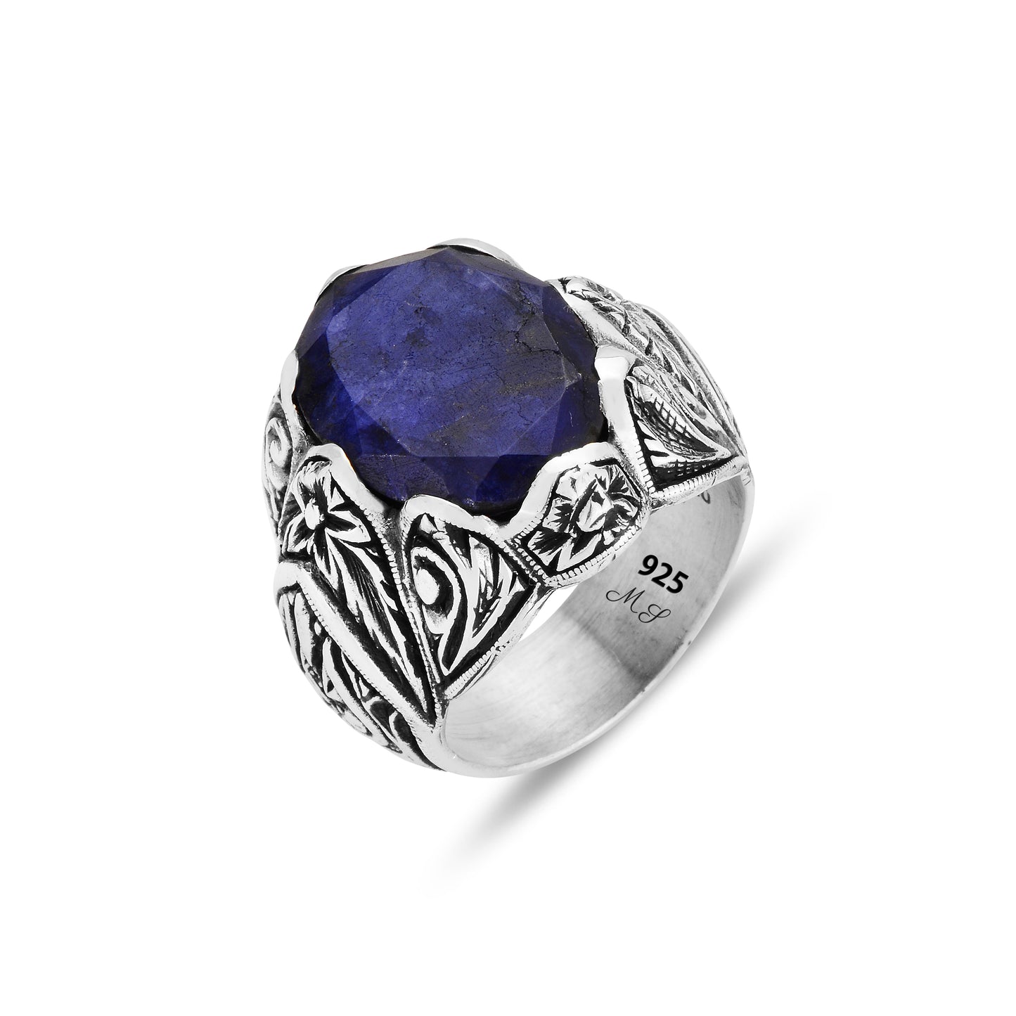 Men Silver Engraved Sapphire Gemstone Handmade Ring