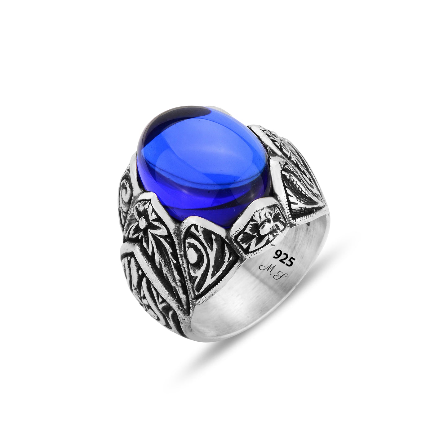 Men Silver Engraved Ottoman Style Sapphire Ring