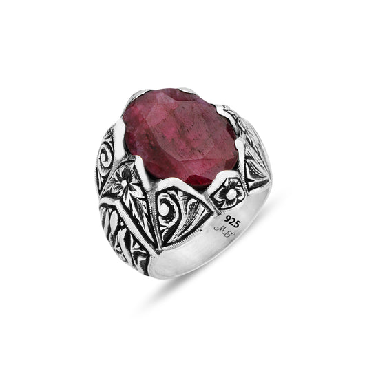 Men Silver Handmade Natural Red Ruby Gemstone Ring