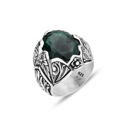 Men Silver Emerald Gemstone Engraved Handmade Ring