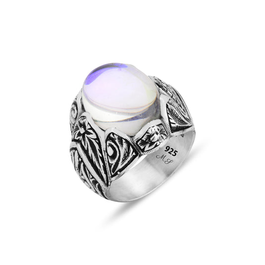 Silver Engraved Natural Moonstone Men Ring