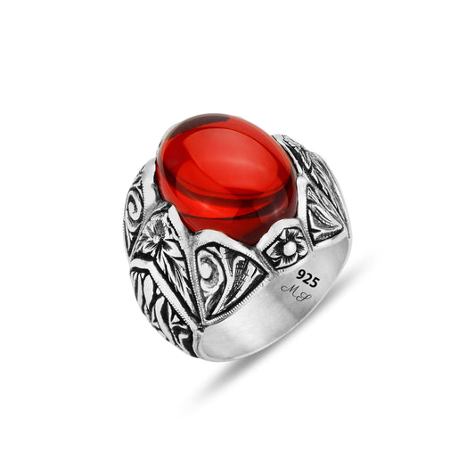 Men Handmade Engraved Red Ruby Gemstone Ring