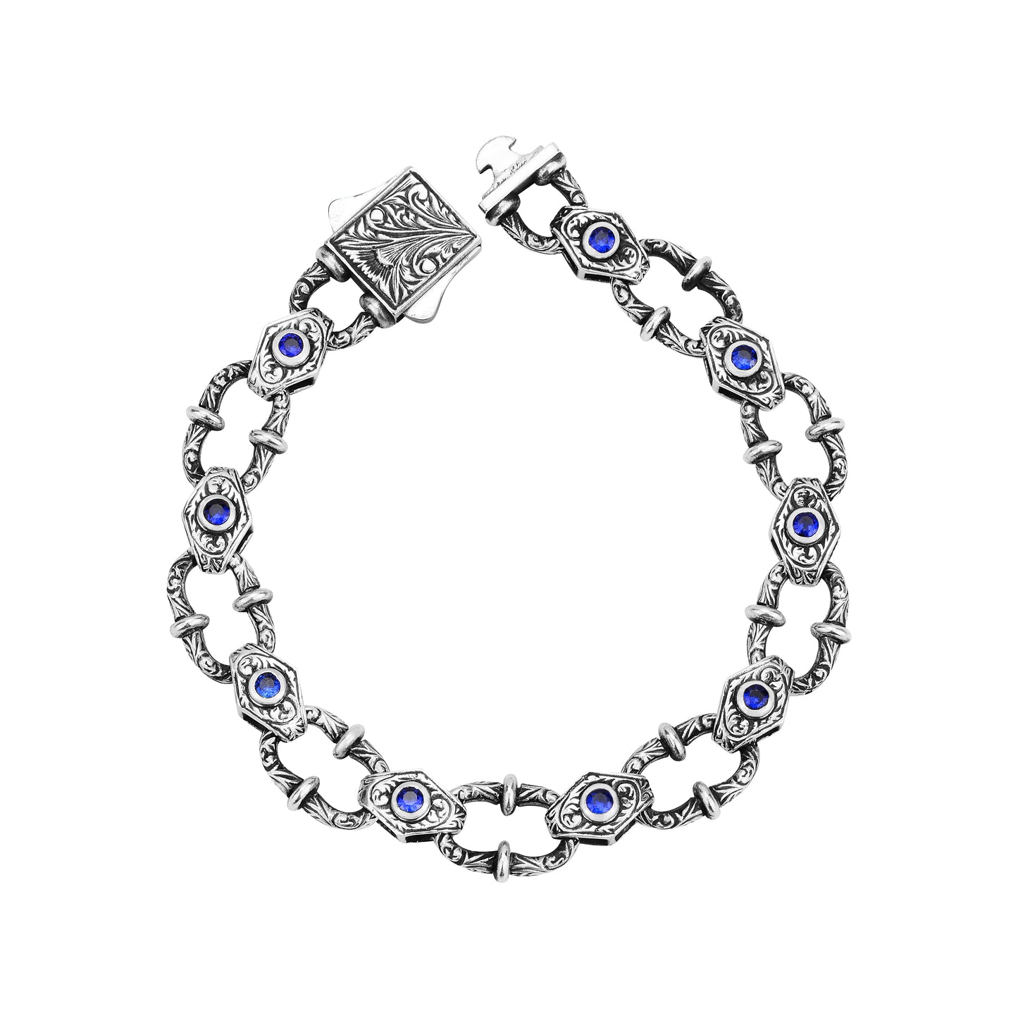 Silver Sapphire Gemstone Engraved Chain Bracelet