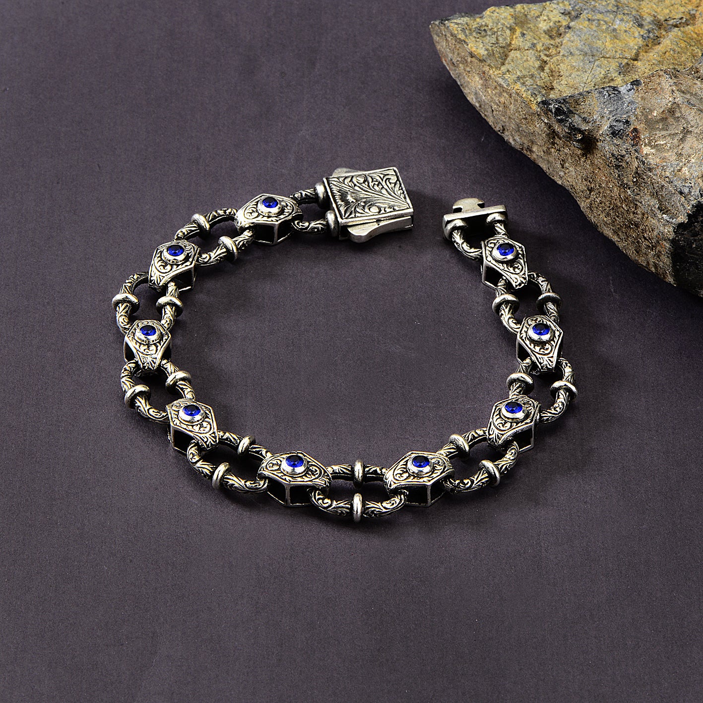 Silver Sapphire Gemstone Engraved Chain Bracelet