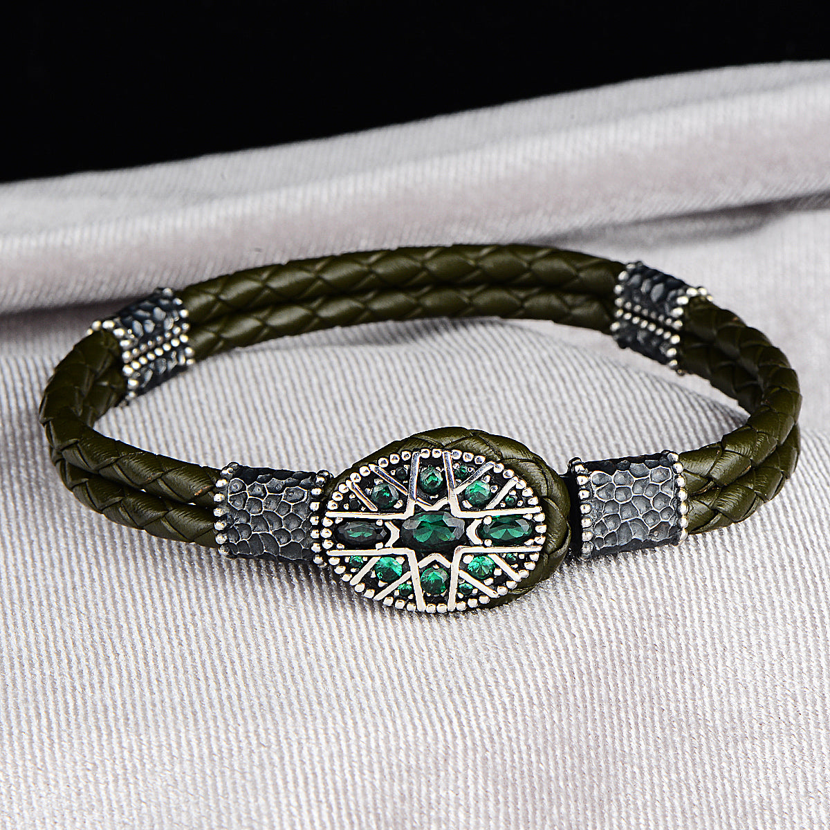 Silver Handmade Green Leather Bracelet