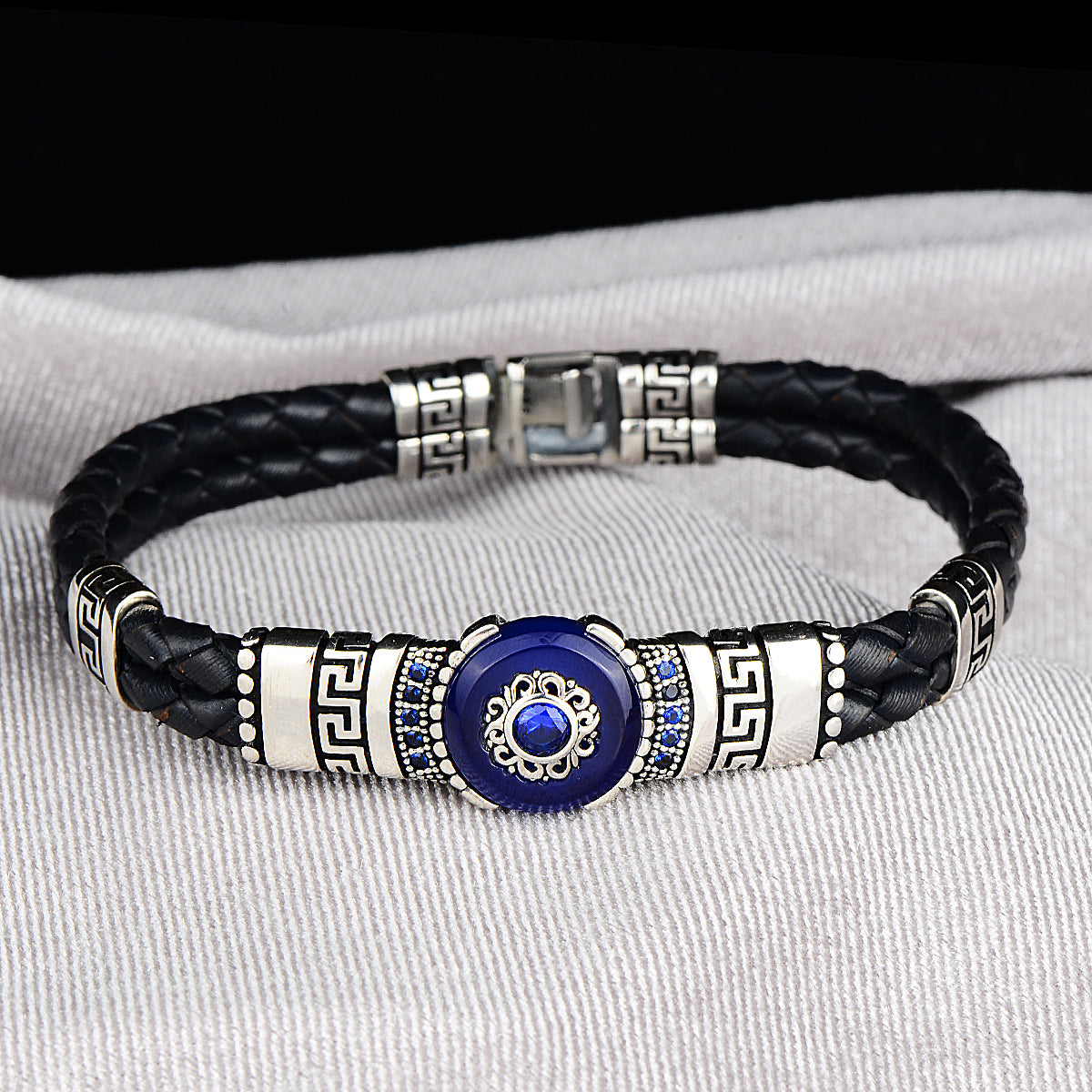 Silver Handmade Blue Eye Leather Bracelet