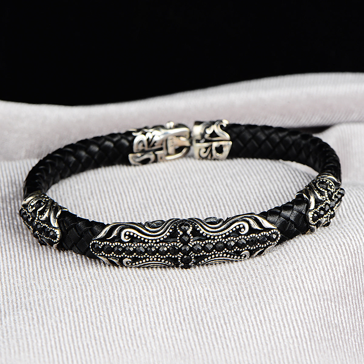 Silver Handmade Black Zircon Stone Leather Bracelet