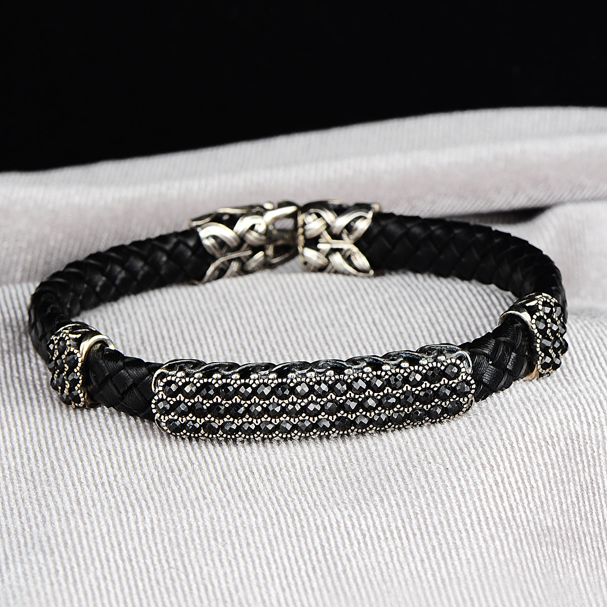 Silver Handmade Black Leather Bracelet