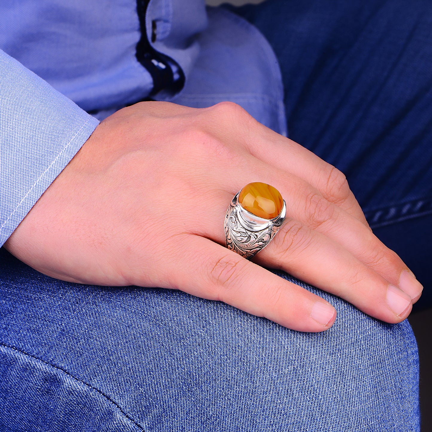 Silver Natural Amber Gemstone Engraved Ring