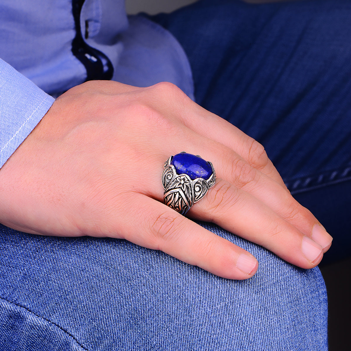Men Handmade Hand Carved Lapis Lazuli Stone Ring