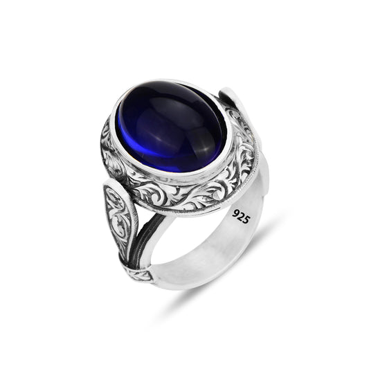 Men Handmade Engraved Sapphire Stone Ring