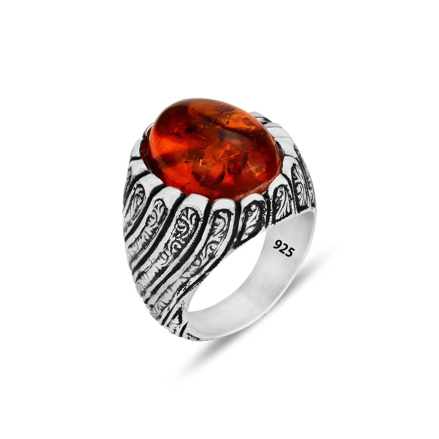 Silver Handmade Engraved Natural Amber Gemstone Ring