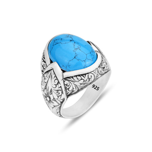 Silver Handmade Engraved Turquoise Stone Ring