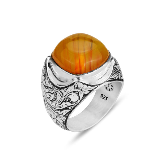 Silver Natural Amber Gemstone Engraved Ring