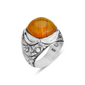 Silver Natural Amber Gemstone Engraved Ring