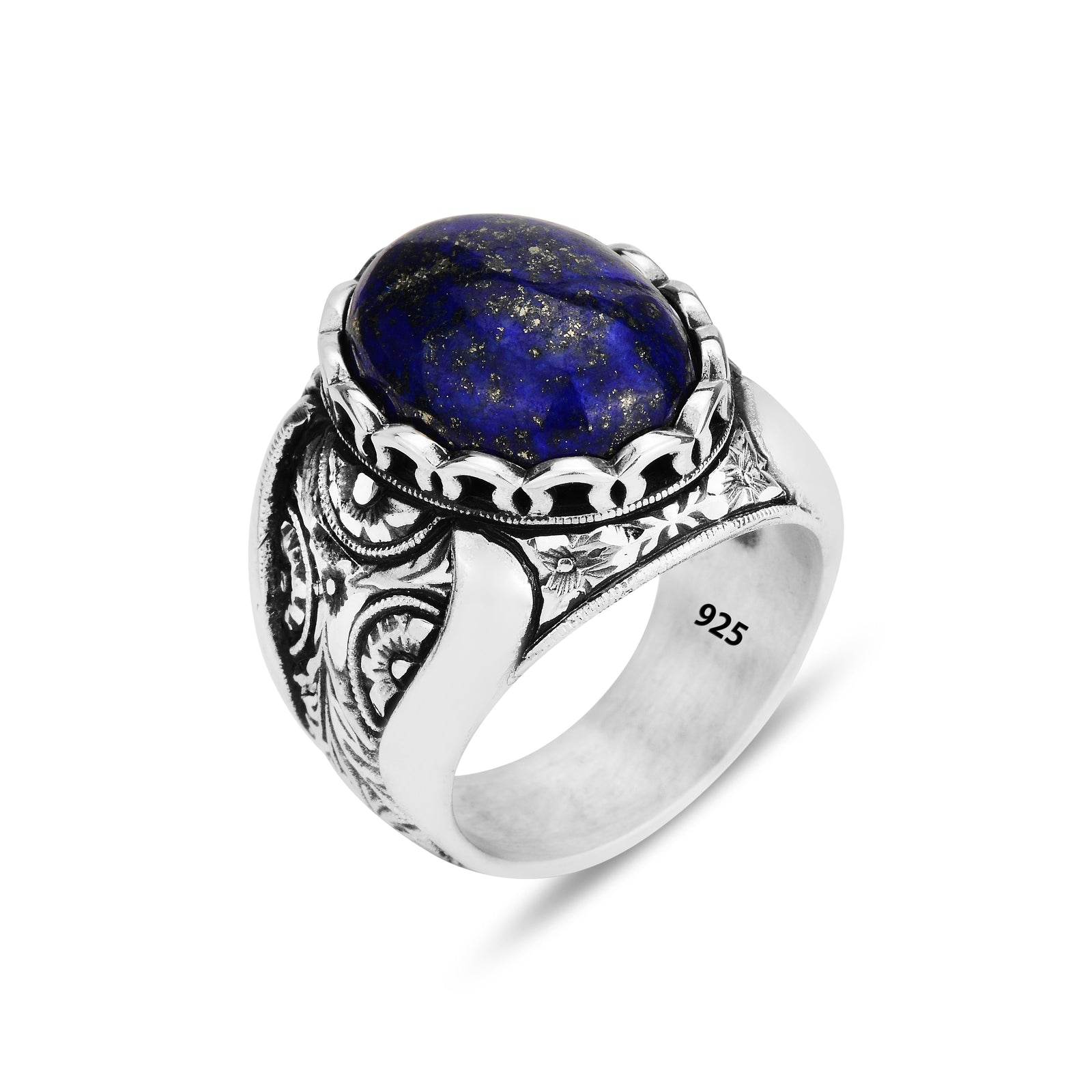 Anillo de lapislázuli grabado grande hecho a mano para hombre