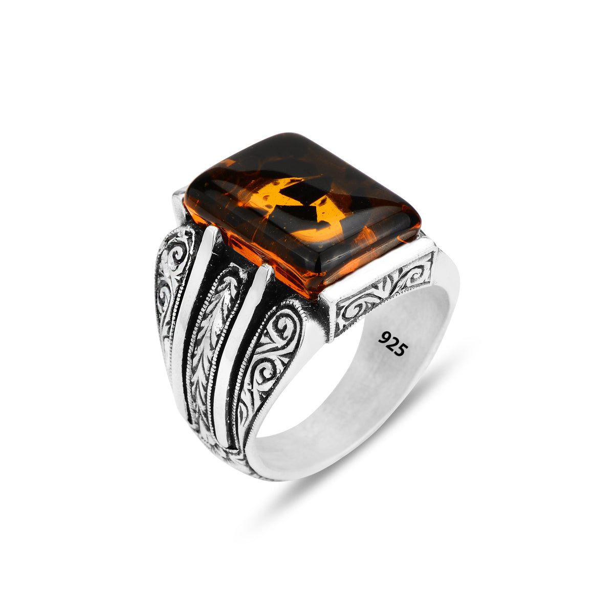 Silver Engraved Natural Amber Gemstone Ring