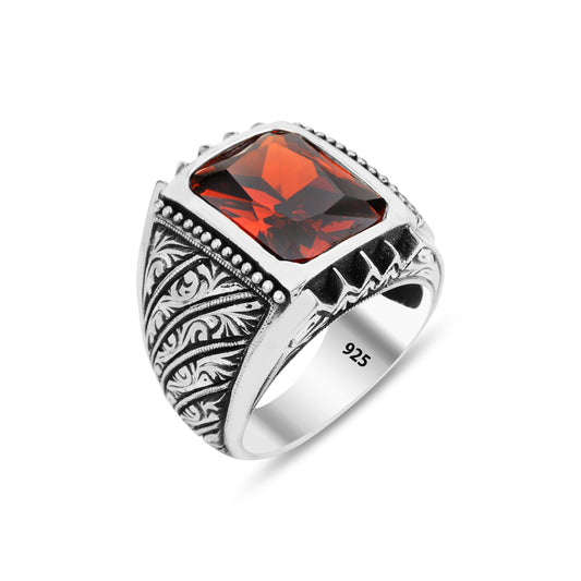 Silver Engraved Red Ruby Stone Men Ring