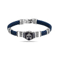 Silver Knight Helmet Sapphire Stone Leather Bracelet