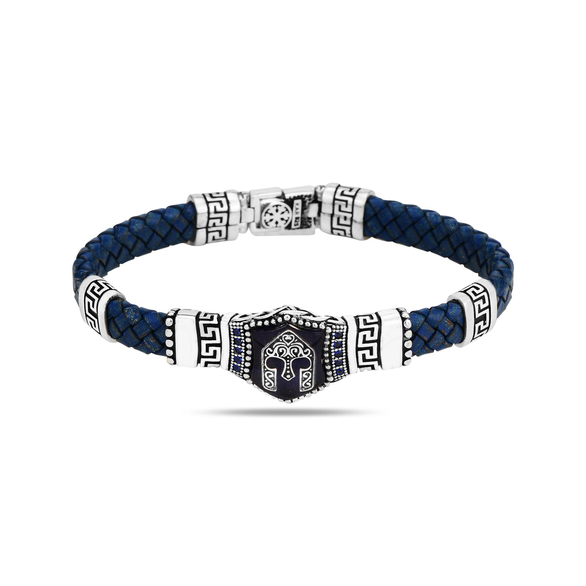 Silver Knight Helmet Sapphire Stone Leather Bracelet