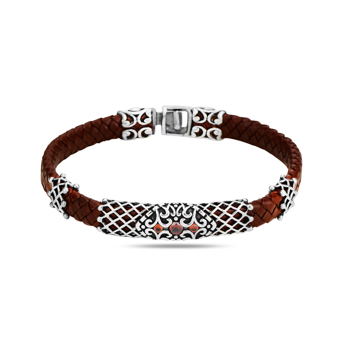 Silver Handmade Ruby Stone Red Leather Bracelet