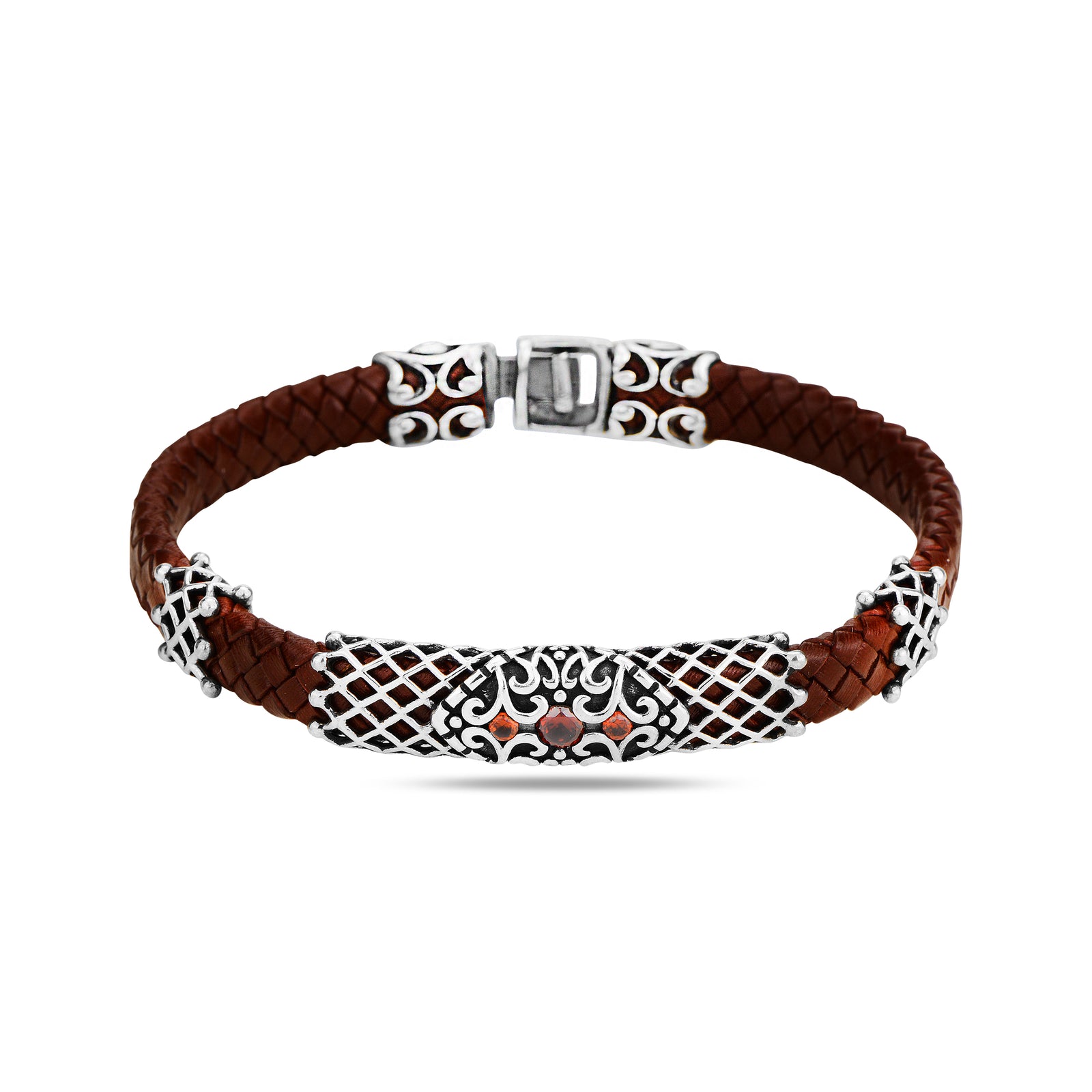 Silver Handmade Ruby Stone Red Leather Bracelet