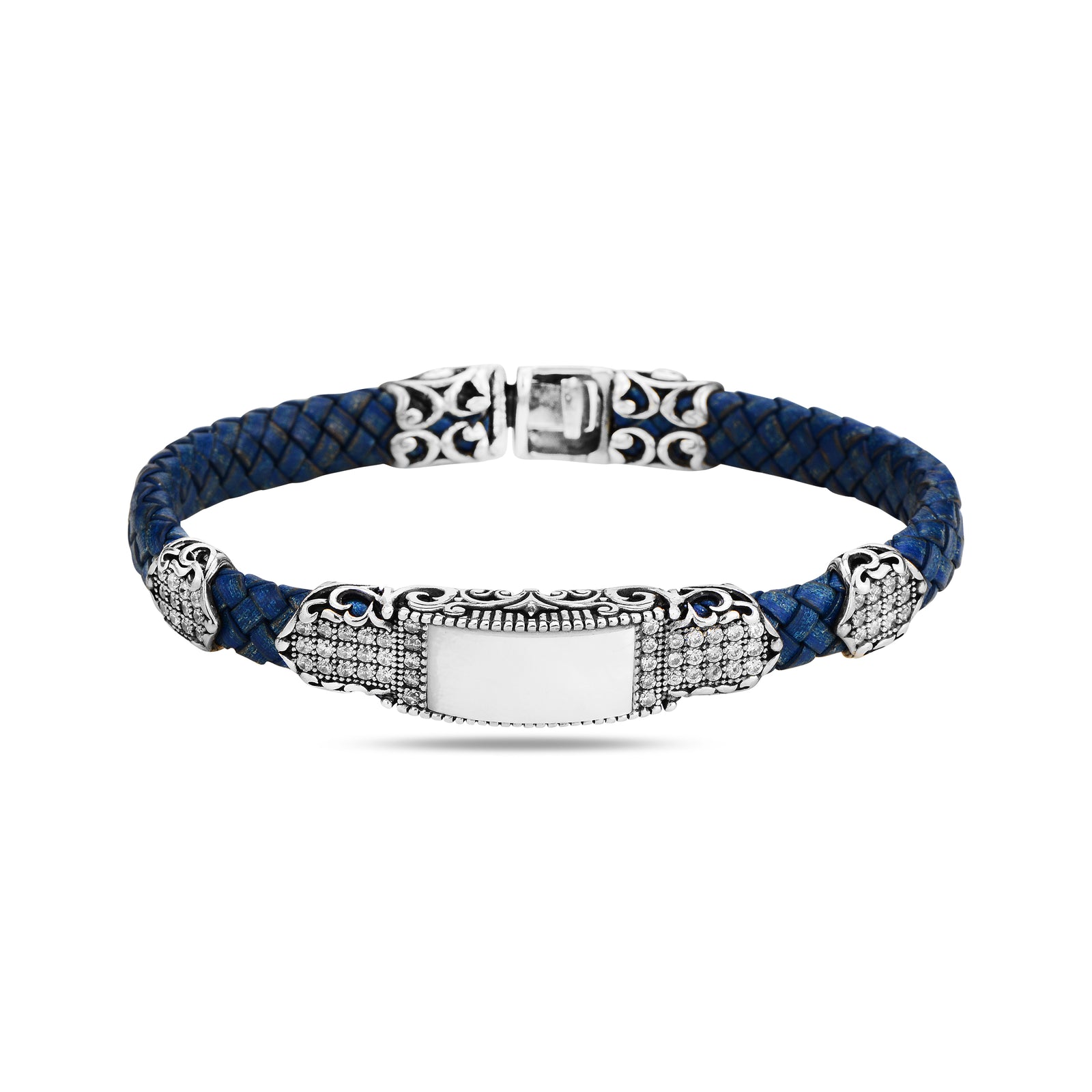 Silver Blue Leather Mother Of Pearl Bracelet