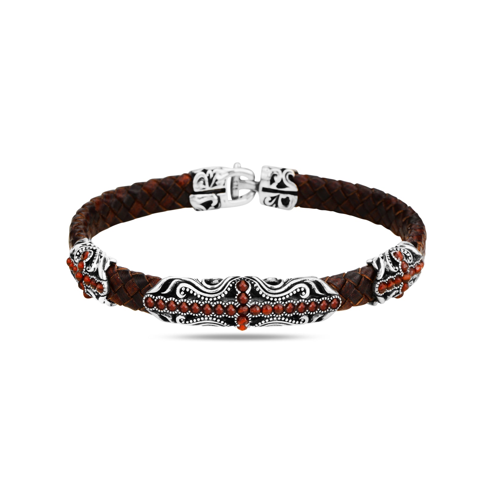 Silver Handmade Ruby Stone Red Leather Bracelet